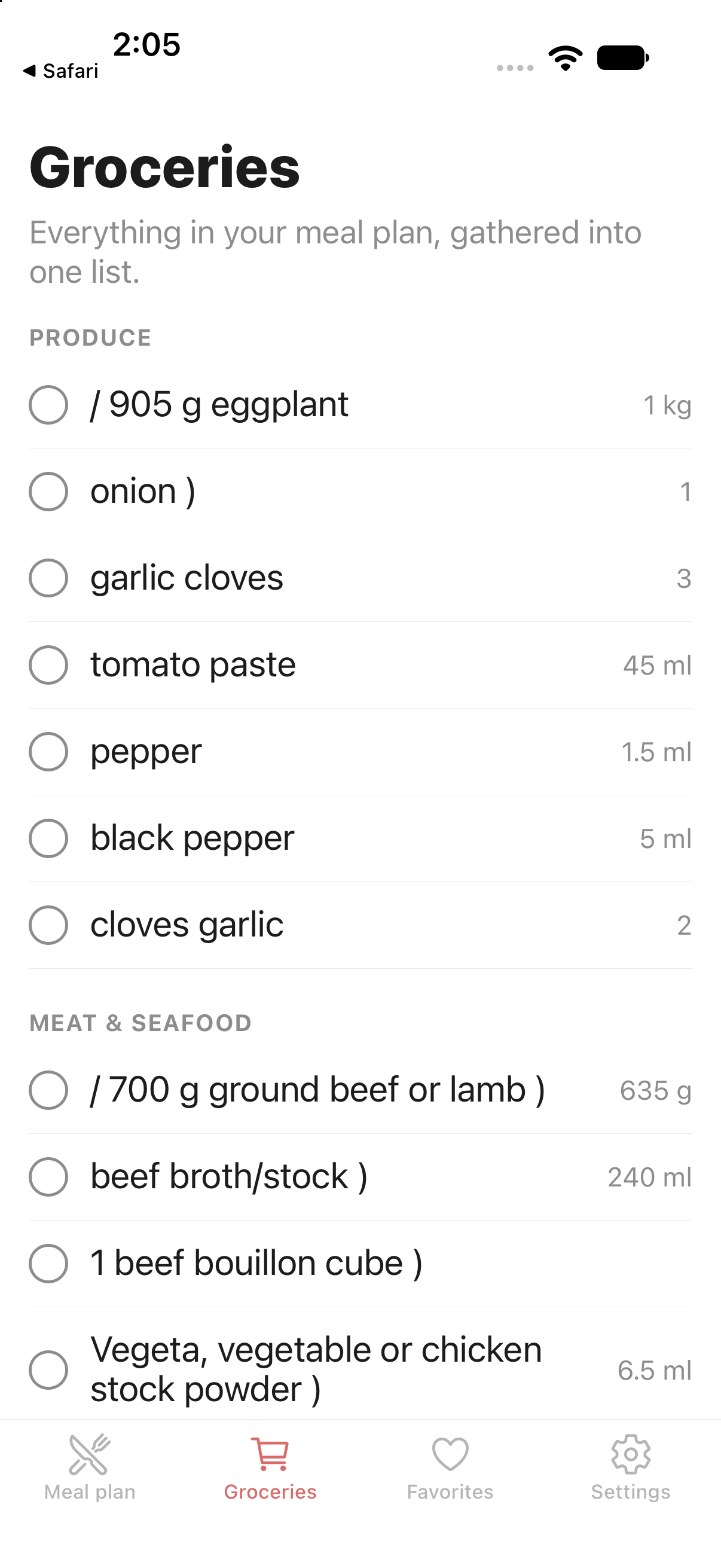 A grocery list gathered from the meal plan